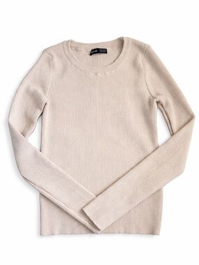 SHEIN Light Tan Ribbed Long Sleeve Semi Cropped Top | Size M